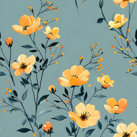 Seamless floral pattern with yellow flowers on a blue background.の素材