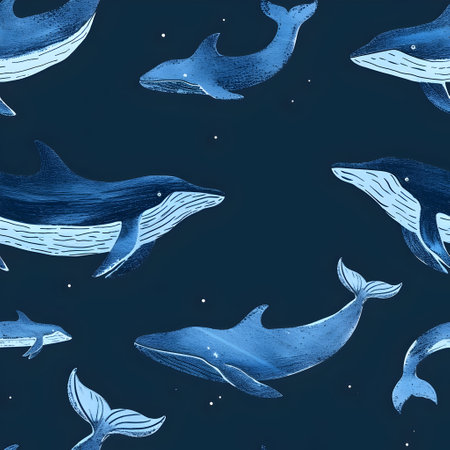 Seamless pattern with blue whales. Hand drawn vector illustration.の素材