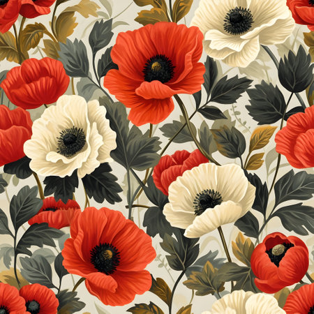 Seamless pattern with red and white poppies in vintage styleの素材