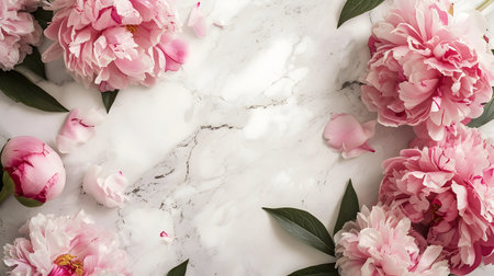 Beautiful pink peony flowers on white marble background, flat layの素材