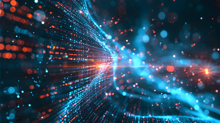 3d rendering of glowing particles in space with depth of field and bokeh effect. Futuristic background with depth of field and bokeh effect.の素材