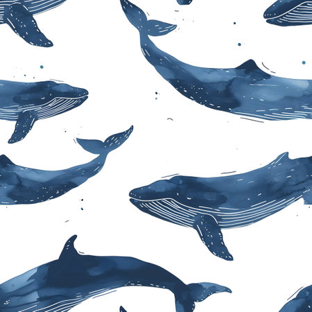 Seamless pattern with blue whales on white background. Vector illustration.の素材