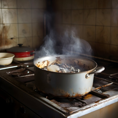 Cooking food in a pot on a gas stove in the kitchenの素材