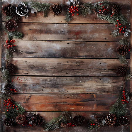 Christmas background with fir branches, pine cones and red berries on a wooden backgroundの素材