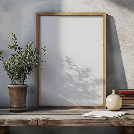 Wooden frame mockup in interior with plant. 3d renderの素材