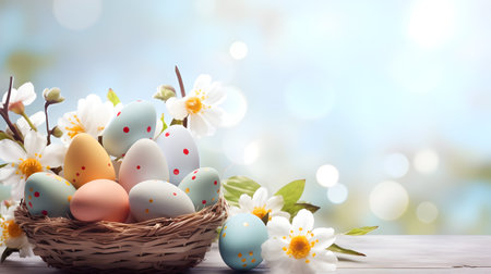 Easter eggs in basket with spring flowers on bokeh backgroundの素材