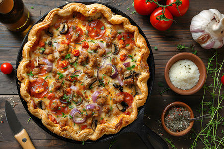 Delight in the heartwarming goodness of a Chicago Pizza Pot Pie, a culinary masterpiece that brings the authentic flavors of the Windy City to your table. Indulge in layers of savory satisfaction with each biteの素材