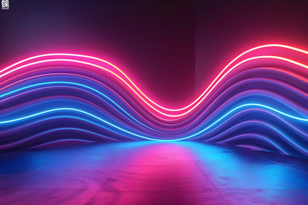 Simplicity meets modernity in this abstract background featuring two 3D wavy lines with neon light. A minimalistic yet visually captivating designの素材