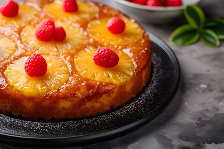 Discover the art of baking with this Pineapple Upside-Down Cake. A luscious treat featuring caramelized pineapple slices on a moist vanilla cake. Perfect for adding a touch of tropical sweetness to your dessert collectionの素材