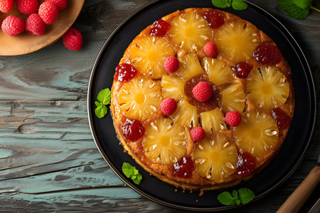 Discover the art of baking with this Pineapple Upside-Down Cake. A luscious treat featuring caramelized pineapple slices on a moist vanilla cake. Perfect for adding a touch of tropical sweetness to your dessert collectionの素材