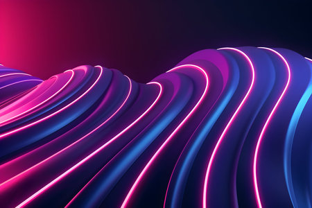 Simplicity meets modernity in this abstract background featuring two 3D wavy lines with neon light. A minimalistic yet visually captivating designの素材