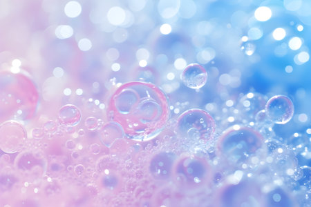 Vibrant and dreamlike abstract composition with pink and blue bubbles on a white backgroundの素材