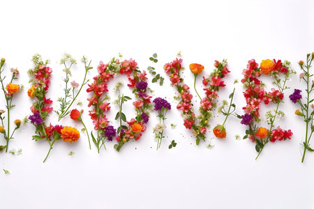 Experience the charm of a minimalist floral typography with the word 'LOVE,' crafted in a cute and colorful style against a pristine white backgroundの素材