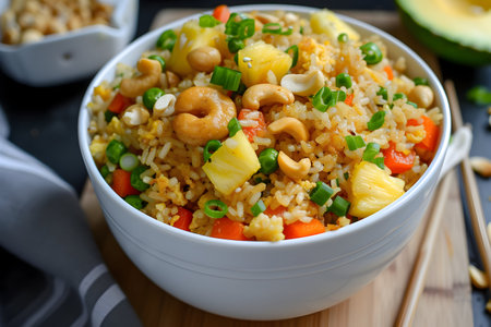 Indulge in the deliciousness of Vegan Pineapple Cashew Fried Rice featuring plant-based eggs. A cruelty-free and satisfying twist on a classic, this dish combines the sweetness of pineapple, crunch of cashews, and the goodness of vegan eggs for a delightful and wholesome mealの素材