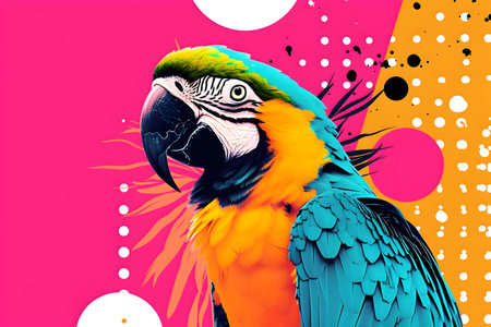 A whimsical cartoon illustration featuring a vibrant parrot adorned with polka dots, set against a pink background in a playful geometric styleの素材