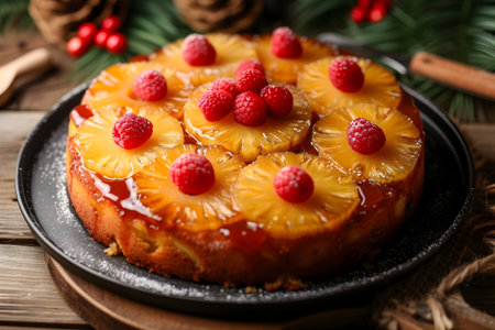 Discover the art of baking with this Pineapple Upside-Down Cake. A luscious treat featuring caramelized pineapple slices on a moist vanilla cake. Perfect for adding a touch of tropical sweetness to your dessert collectionの素材