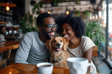 A delightful scene of a happy black couple enjoying time together in a coffee shop, accompanied by their cheerful dogの素材