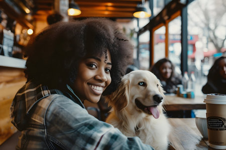 Capture the warmth of a joyful moment with a happy black girl, enjoying time in a coffee shop with her delightful canine companionの素材