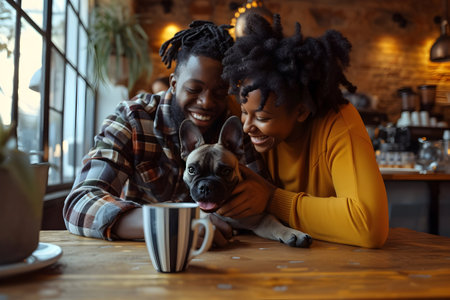 A delightful scene of a happy black couple enjoying time together in a coffee shop, accompanied by their cheerful dogの素材
