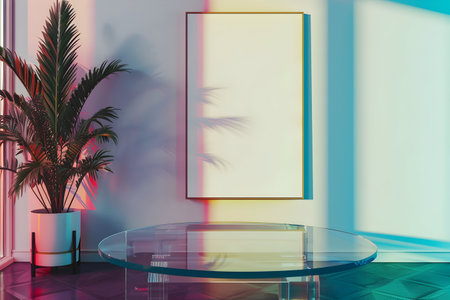 Versatile mockup featuring a blank white poster above a vibrant transparent coffee table, ideal for showcasing designs in a modern and colorful settingの素材