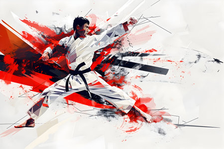 A dynamic illustration of a karate athlete engaging in kumite, portrayed through geometric abstraction, highlighting calculated angles and precise movementsの素材