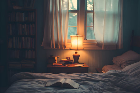 immerse yourself in a serene ASMR sleep experience with a soft soundscape in a cozy bedroom setting. Subtle lighting creates a tranquil and relaxing ambiance for a peaceful night's restの素材