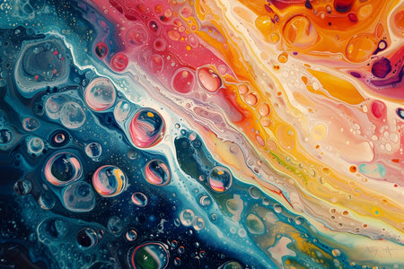 Immerse yourself in the lively energy of a vibrant painting, featuring a kaleidoscope of colors and playful bubbles, creating a dynamic and abstract backgroundの素材