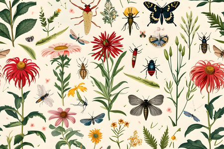 A nostalgic entomological illustration showcasing a vintage blend of summer flowers, plants, and bugs, capturing the charm of bygone botanical explorationsの素材