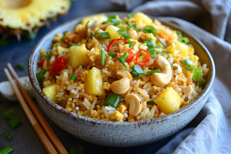 Indulge in the deliciousness of Vegan Pineapple Cashew Fried Rice featuring plant-based eggs. A cruelty-free and satisfying twist on a classic, this dish combines the sweetness of pineapple, crunch of cashews, and the goodness of vegan eggs for a delightful and wholesome mealの素材