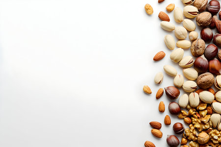 Assorted Nuts on White Background - Almonds, Walnuts, Pistachiosの素材