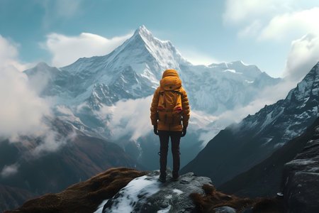 Capturing the spirit of solo travel, a lone adventurer stands atop a mountain, embracing the breathtaking views and the thrill of explorationの素材