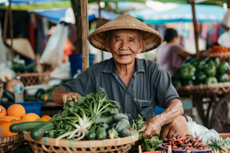 Vegetable Vendor at the Market. A man selling fresh vegetables at a vibrant market stallの素材