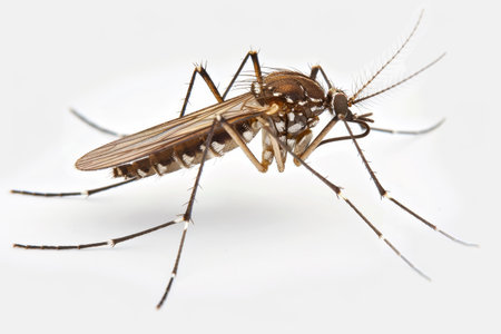 Close-up of a single mosquito against a white backdrop, featuring intricate details and anatomy.の素材