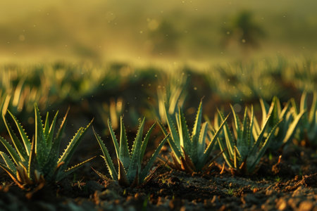 Rows of thriving aloe vera plants growing in a sunlit plantation field.の素材