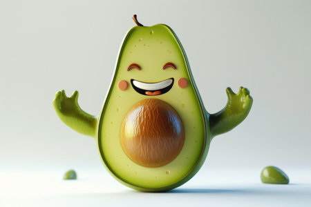Vibrant 3D rendering of a cheerful avocado against a clean white backdrop, perfect for design projects.の素材