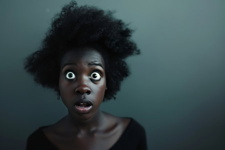 Photo of a surprised young black woman captured in minimalist styleの素材