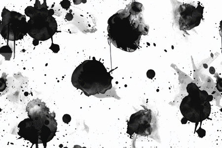 Minimalist background featuring isolated black ink dots on a clean white surface.の素材