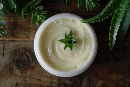Jar of soothing aloe vera cream, a natural skincare product known for its moisturizing properties.の素材