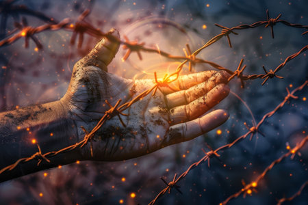 Close-up macro shot of an immigrant's hand reaching towards barbed wire against the evening sky, symbolizing the struggle for freedom and immigration challenges.の素材