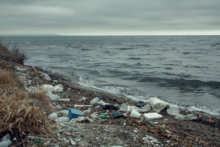 Environmental pollution concept depicting litter and plastic waste scattered along the beautiful ocean shoreline.の素材