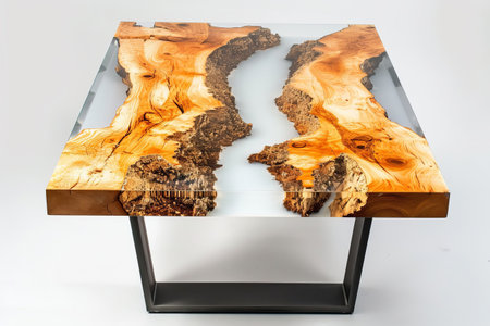 Modern wooden table coated with glossy epoxy resin for a sleek and durable finishの素材