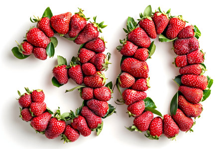 Graphic design of number 30 composed of strawberries on white background. Creative concept for celebrating milestones or birthdaysの素材