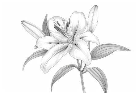 Outline vector illustration of a white lily isolated on white background, minimalist styleの素材