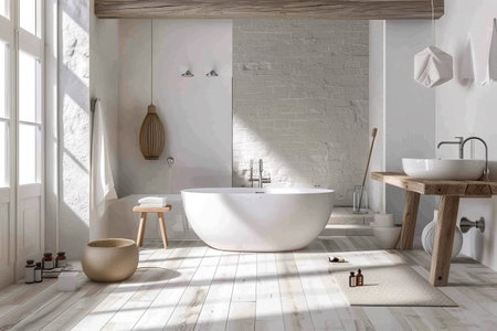 Bright and airy white bathroom interior featuring a spacious design and a large windowの素材