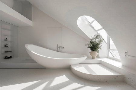 Bright and airy white bathroom interior featuring a spacious design and a large windowの素材