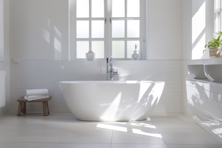Bright and airy white bathroom interior featuring a spacious design and a large windowの素材