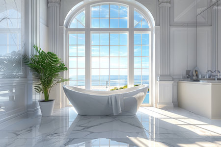 Bright and airy white bathroom interior featuring a spacious design and a large windowの素材