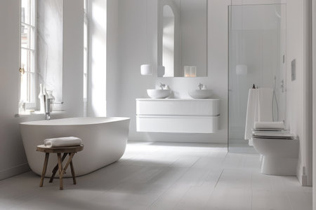 Bright and airy white bathroom interior featuring a spacious design and a large windowの素材
