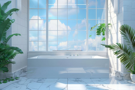 Bright and airy white bathroom interior featuring a spacious design and a large windowの素材