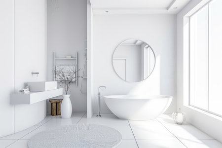 Bright and airy white bathroom interior featuring a spacious design and a large windowの素材